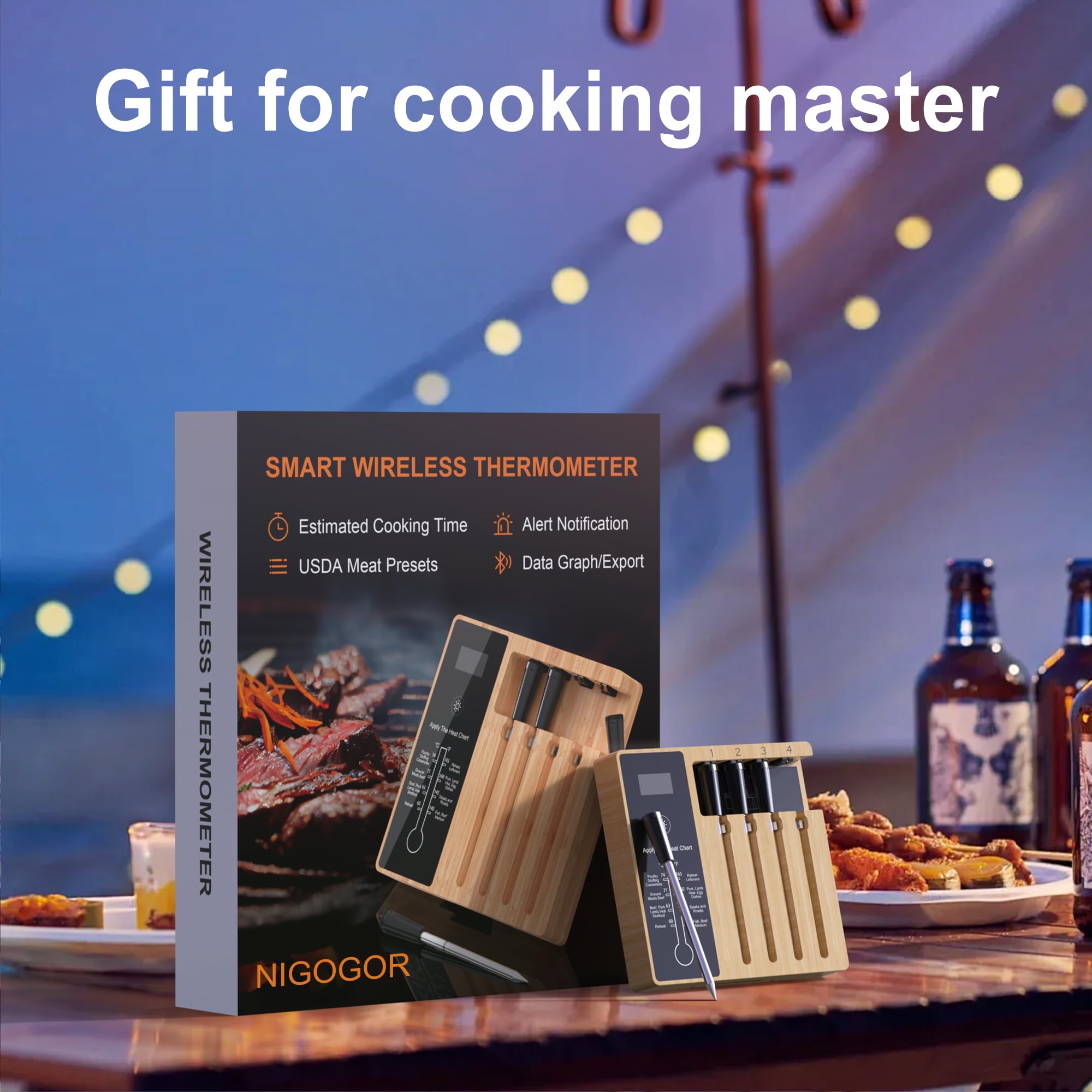 Wireless Meat Thermometer for Grilling 4 Probes, Remote Bluetooth Digital Thermometer, Super Stability and Accuracy, Electric Smart Meat Thermometer for Cooking and Smoker, NIGOGOR for iOS & Android