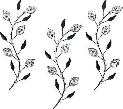 Cityelf Juego de 3 esculturas de pared de hojas de cristal Arte de pared de hierro con ramas de hojas colgantes Decoración de pared con joyas