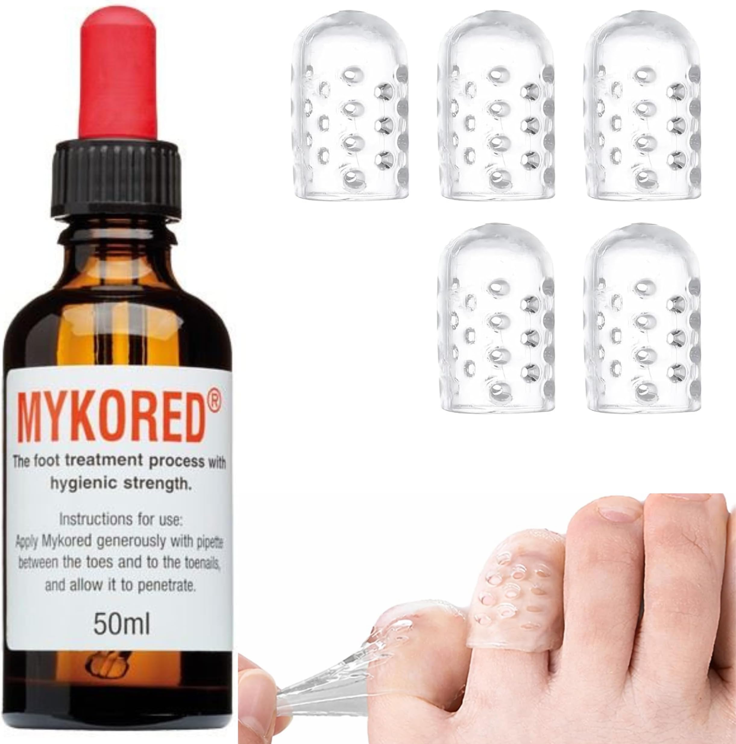 Mykored Nail Tincture for Athlete's Foot & Fungal Infections 50ml +5 Pack Breathable Toe Caps for Missing & Damaged Toenails, Ingrown Nails, Corns, Blisters, Hammer Toes & Friction Relief