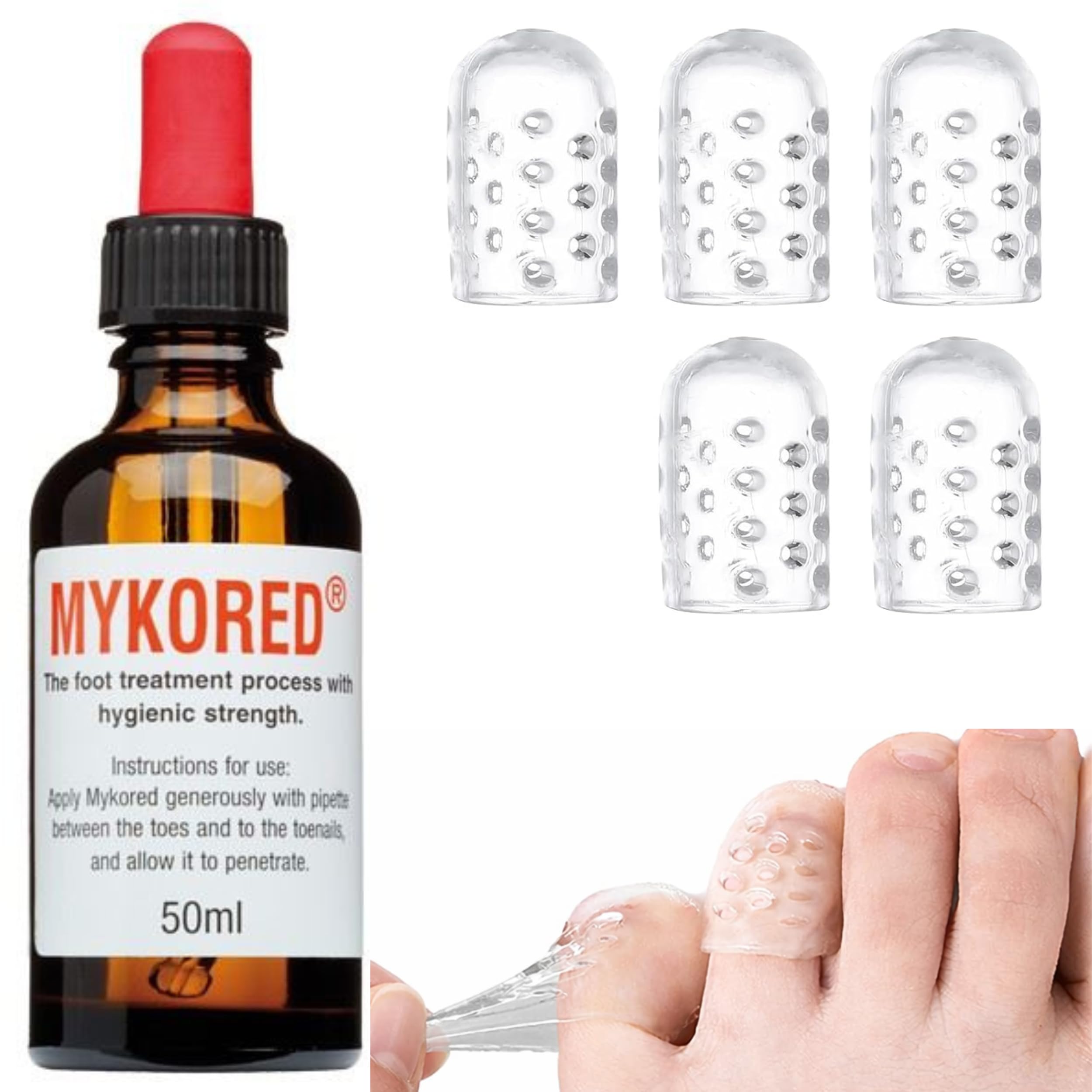 Mykored Nail Tincture for Athlete's Foot & Fungal Infections 50ml +5 Pack Breathable Toe Caps for Missing & Damaged Toenails, Ingrown Nails, Corns, Blisters, Hammer Toes & Friction Relief