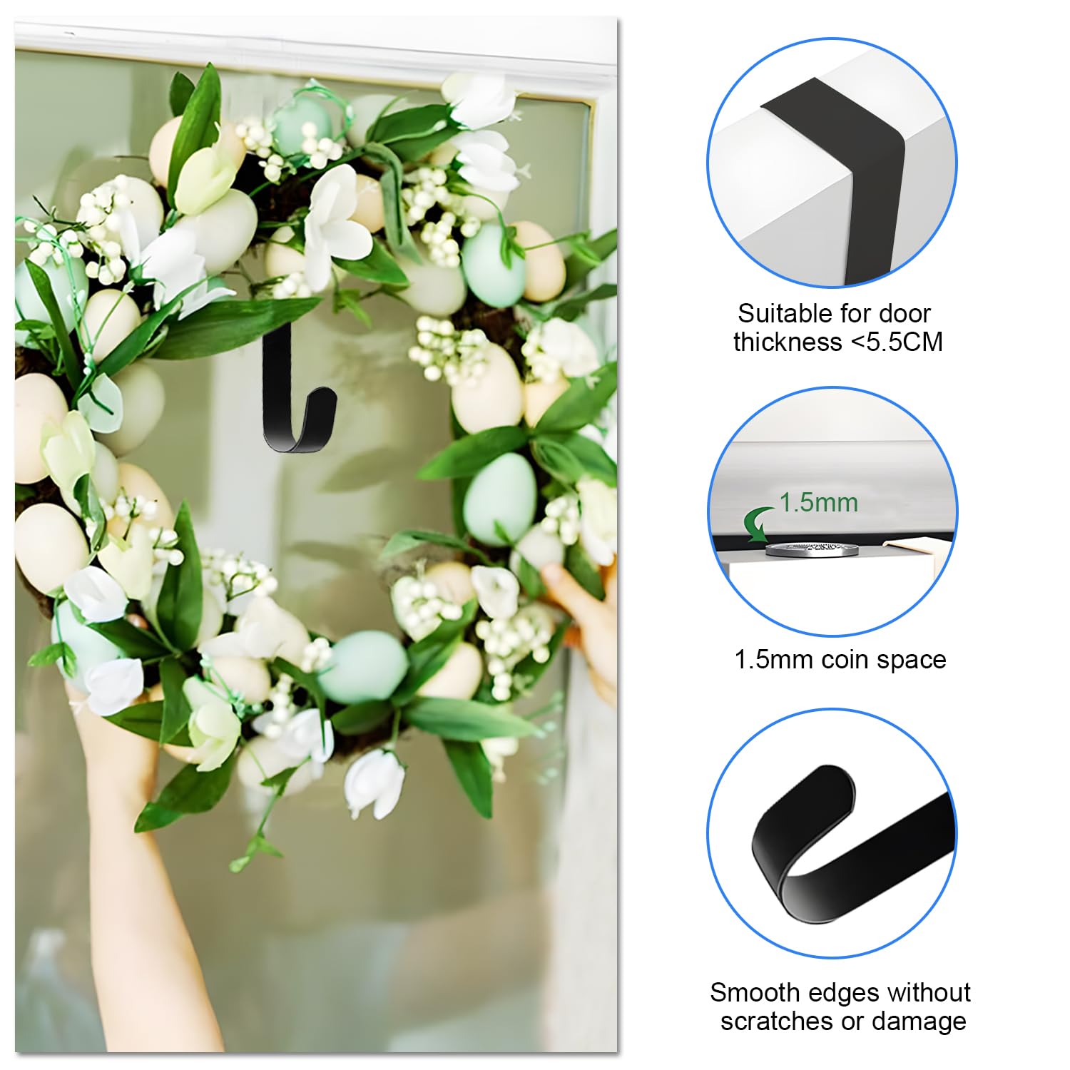2 Ganci per Porte in Acciaio Inossidabile, Ghirlanda per porta, Ganci da 30 cm per ghirlande e Decorazioni per Porte - Ganci per Porte di Appartamenti Interne ed Esterne(Nero)