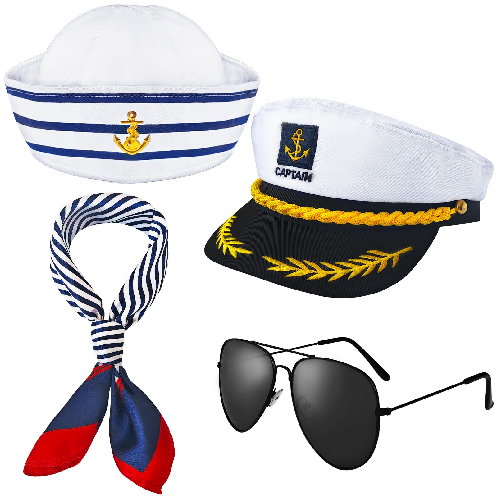 4 PCS Yacht Captain Hat Sailor Ship Cap Scarf Sunglasses Sailor Hat Yacht Rock Party Dressing up Party for Men Women