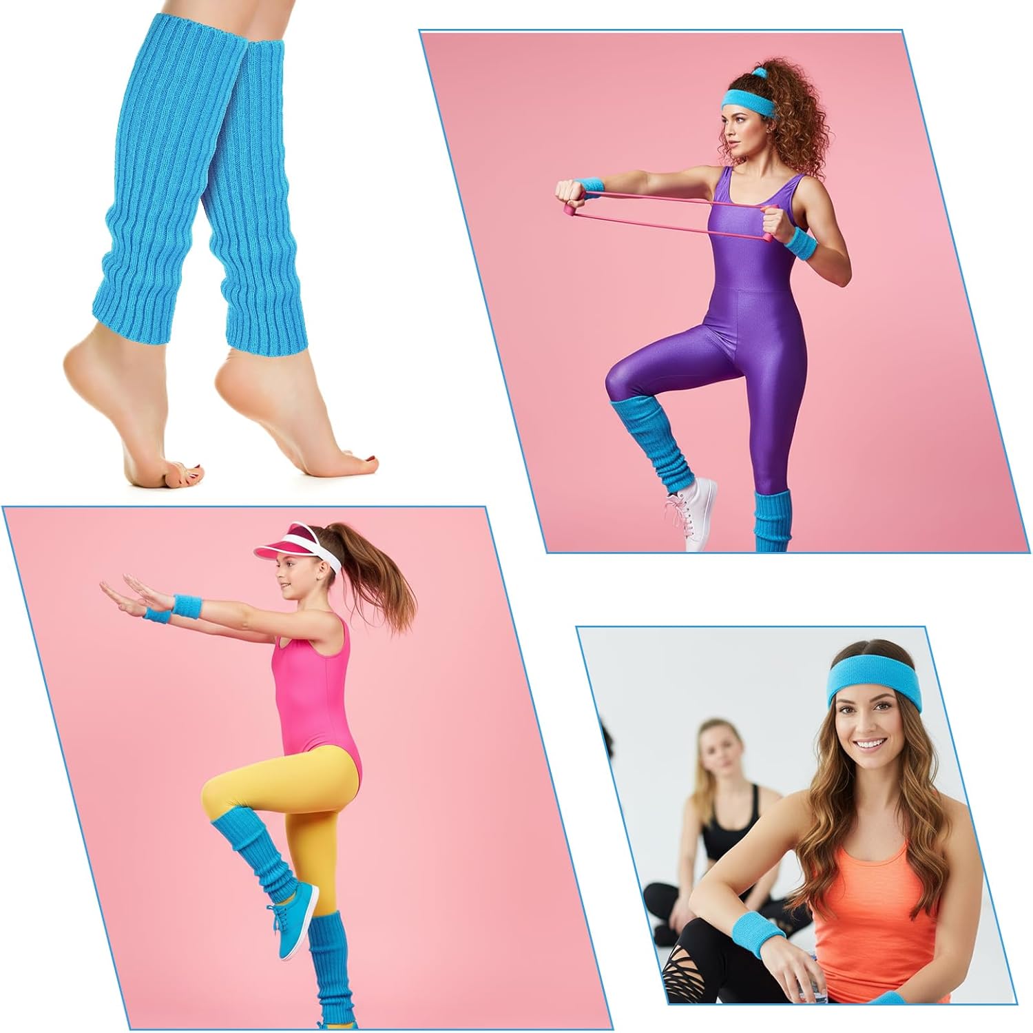 Neon Leg Warmers for Women Headband Wristbands, 90s Blue Leg Warmers Sweatband Set, 80s Workout Outfit for Women Girls Athletic Sports Yoga(Blue) - Image 6
