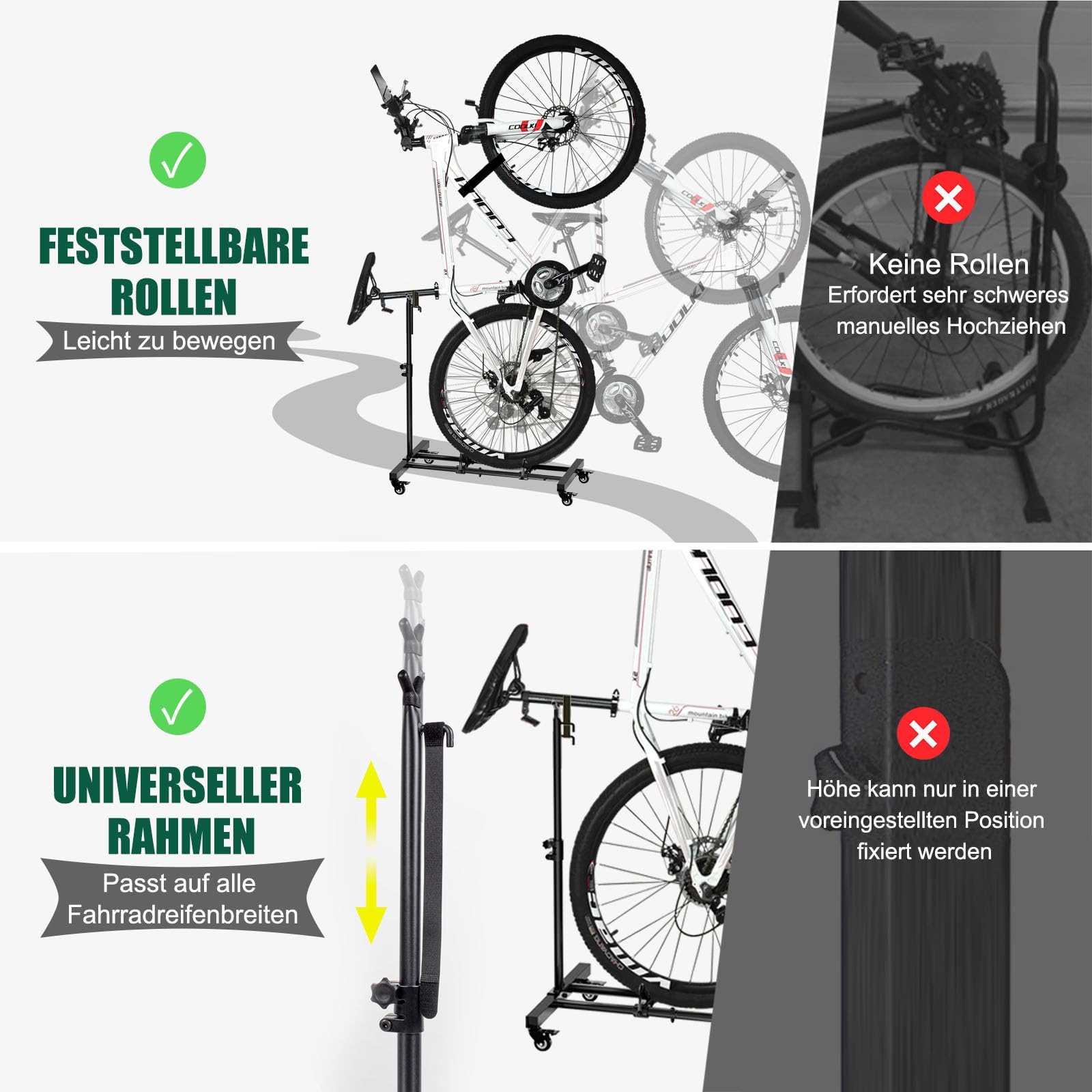 Mimoke Pionowy stojak rowerowy – stojak rowerowy z zamykanymi kółkami, regulowana wysokość, do wszystkich typów rowerów o szerokości opony do 10 cm