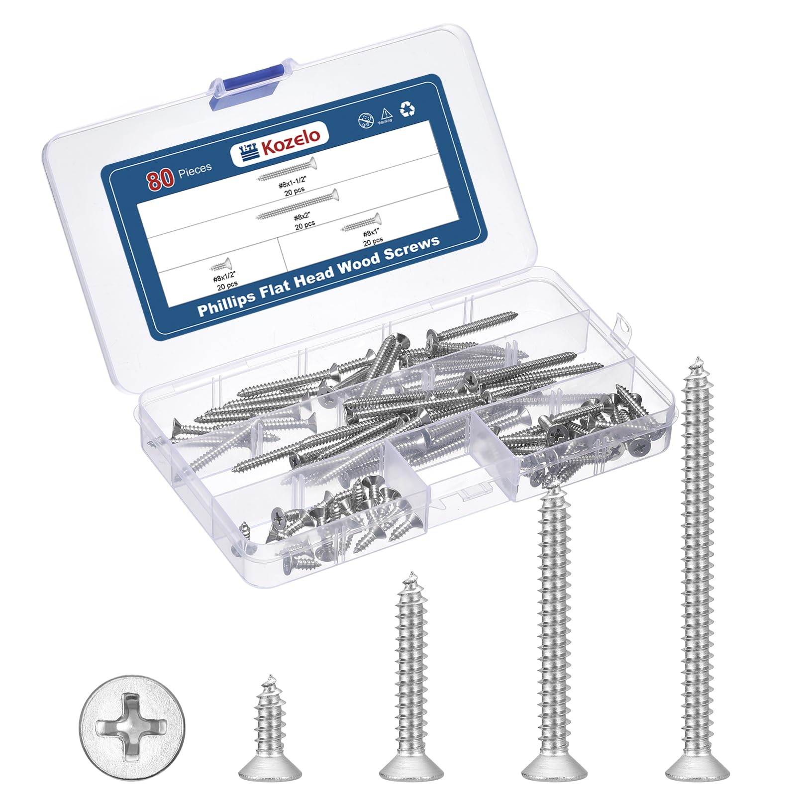 Kozelo 80Pcs Phillips Flat Head Wood Screws Assortment Kit - [#8x1/2" to 2"] 304 Stainless Steel Countersunk Self Tapping Screws, Silver — image 1