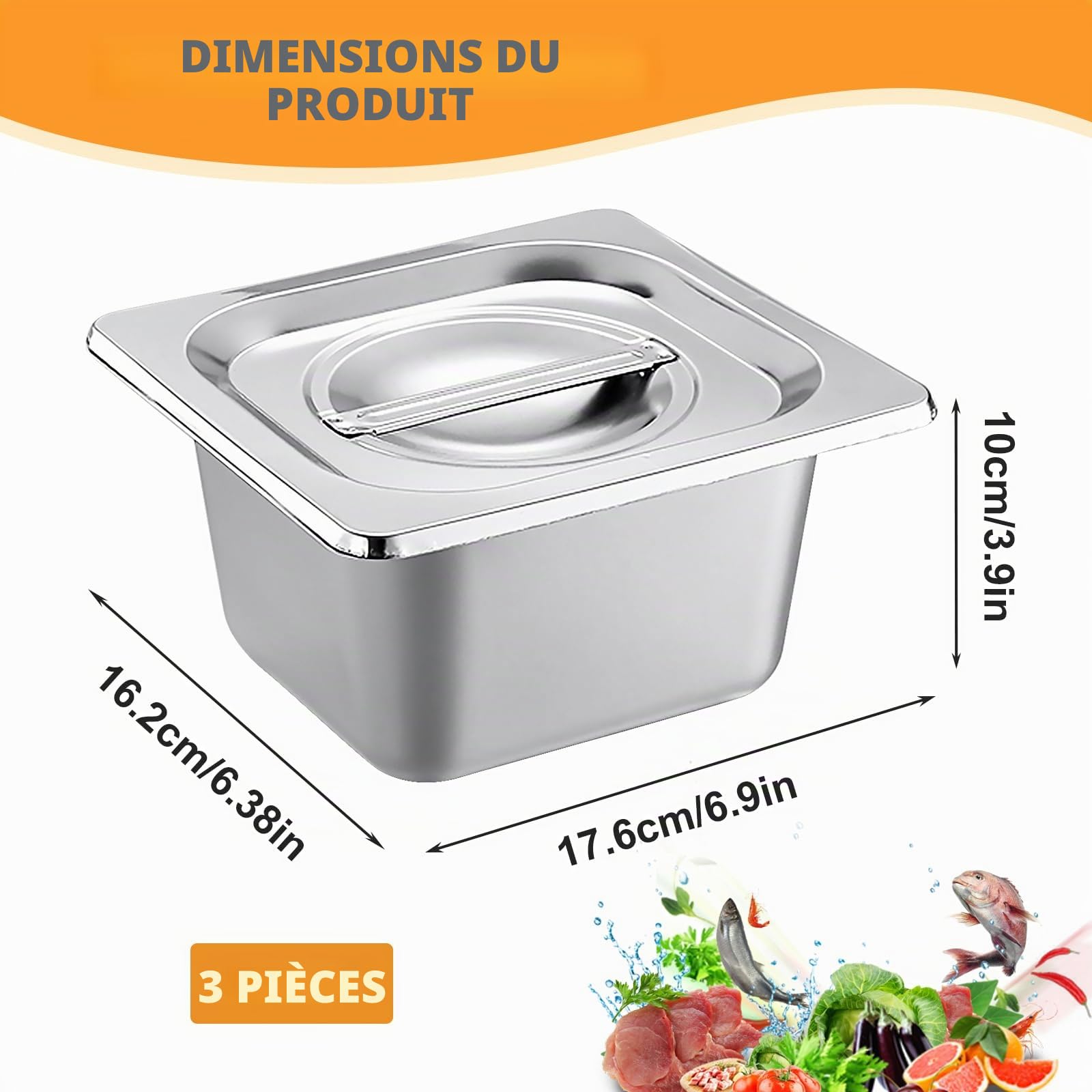 PORFOYO 3 Pièces Récipients En Acier Inoxydable, Bac Inox Alimentaire 17,2X16,2X10cm, Plat Four Rectangulaire, Plats À Four En Acier Inoxydable, Plat Inox Rectangulaire Avec Couvercle