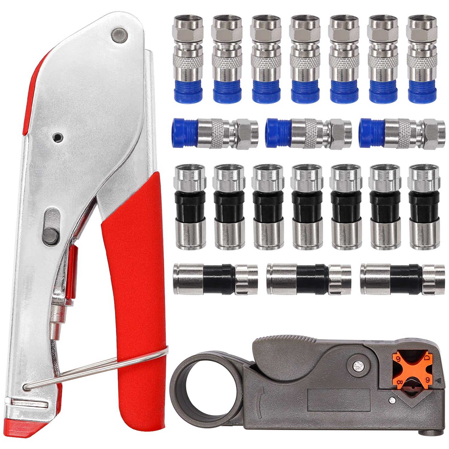 Taiss Coax Cable Crimper Tool Kit with 20 PCS F Style RG59 RG6 Compression connectors,Coaxial Cable Stripper,Coaxial Cable Compression Tool Kit,coaxial cable crimper