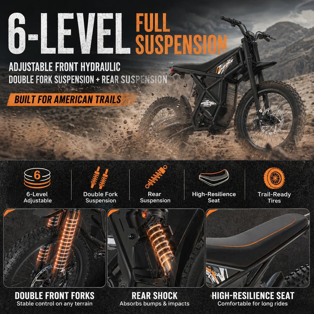 Upgraded GT73 PRO / GT73 Electric Dirt Bike for Adults, 3000W 60V 50MPH //2400W 48V 37MPH Dirtbike, 36.4AH Dual Battery Ebike Up to 85 Miles, 25" Motorcycle Tire, UL2849 All Terrain E BIKE