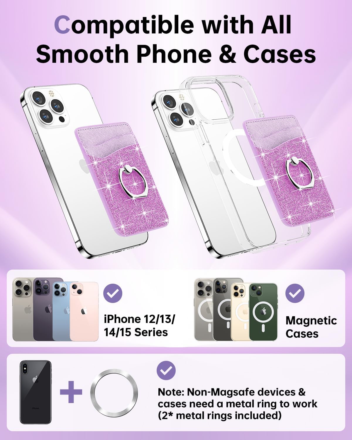 Gospire Magnetic Wallet with Ring for iPhone 16/15/14/13/12 Series, Magnetic Wallet Glitter with Credit Card RFID Blocking & 360°Rotation Stand, Card Holder Compatible with Mag Safe Cases - Purple - Image 2