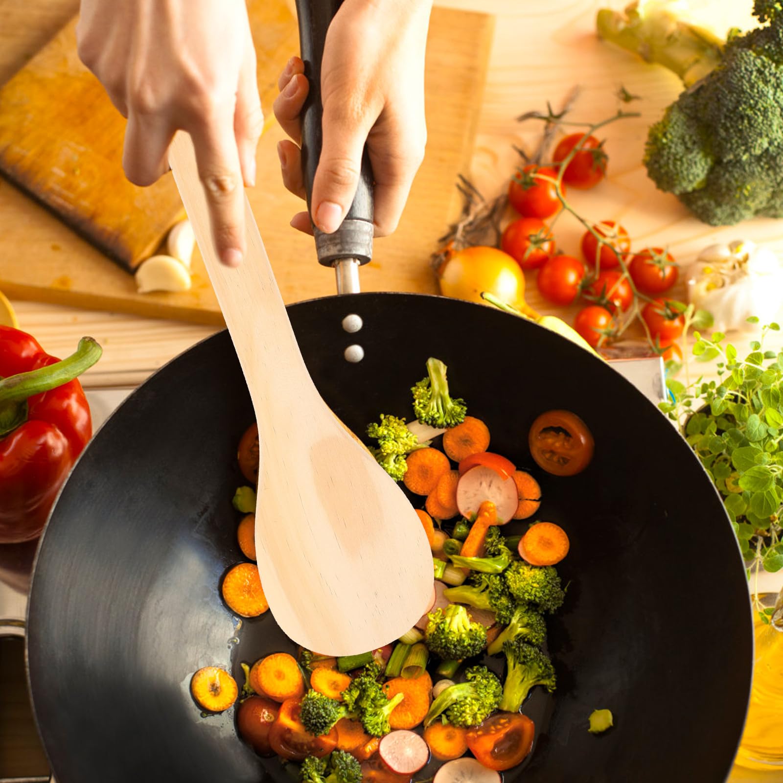 Didiseaon Spatola da Cucina in Legno 40 Cm, Cucchiaio da Cucina Rotondo per Riso, Paletta per Alimenti Resistente ai Graffi per Uso Domestico e Preparazione Sushi