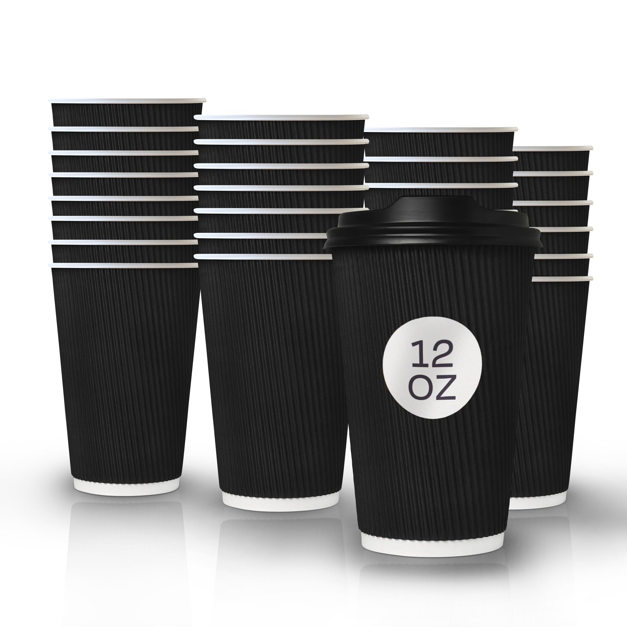 Generic BiA_Pack Disposable Black Paper 12oz/360ml Ripple Coffee Cups with Double Walled Insulation, 50 Count with Lids, Perfect for Takeaway Hot Drinks