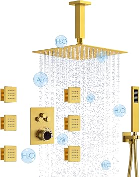 Thermostatic Shower System with Body Jets Aposhion Ceiling Mount 12 Inch Rainfall Shower Head with Handheld Sprayer & 6 Massage Body Jets, Shower Faucet Set for Bathroom with Valve - Brushed Gold