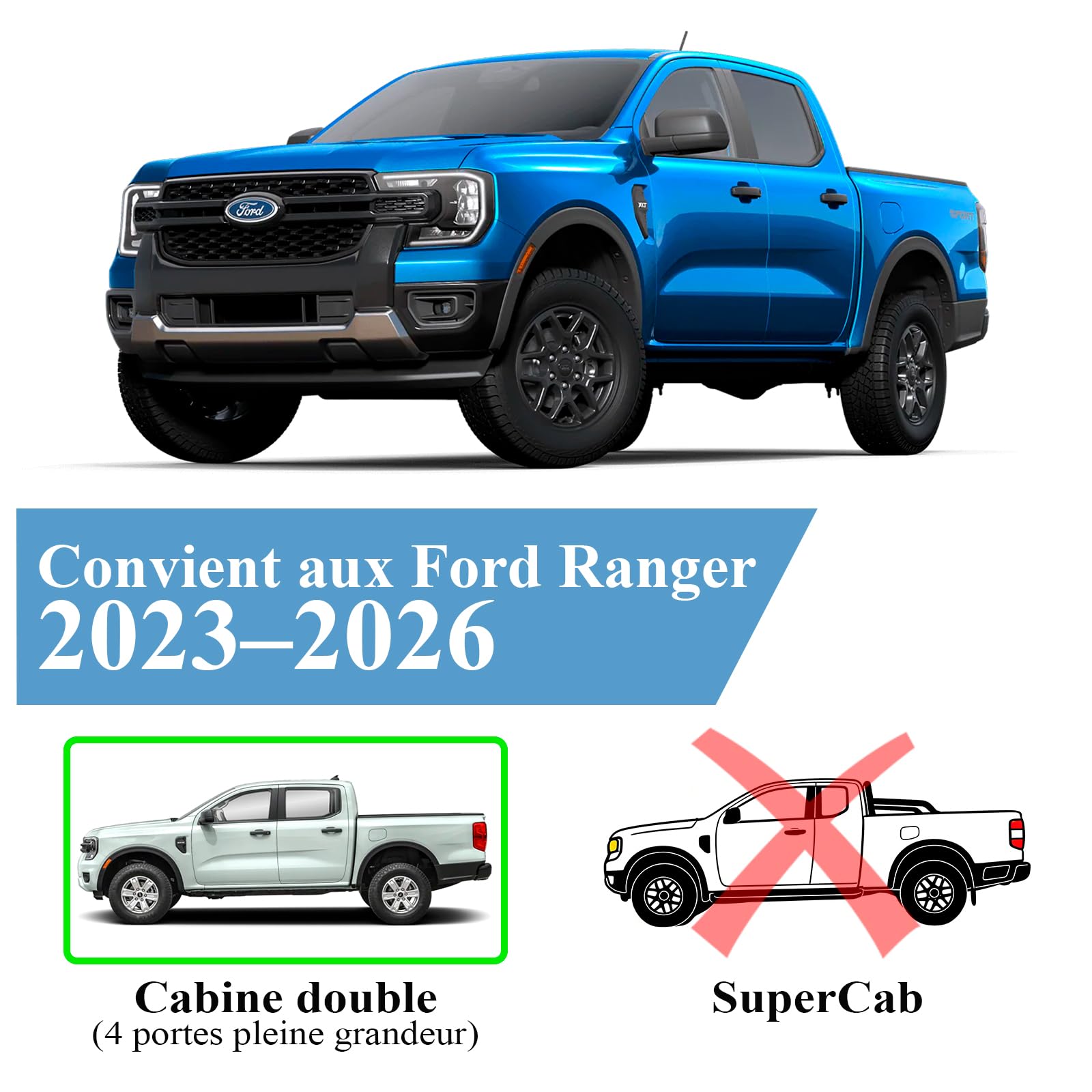 Déflecteurs de Vent Déflecteur d'air pour Ford Ranger 2023-2024-2025 T9 Raptor Wildtrak XL XLT Limited Tremor Platinum Double Cab Tape-on Lot de Déflecteurs de fenêtre