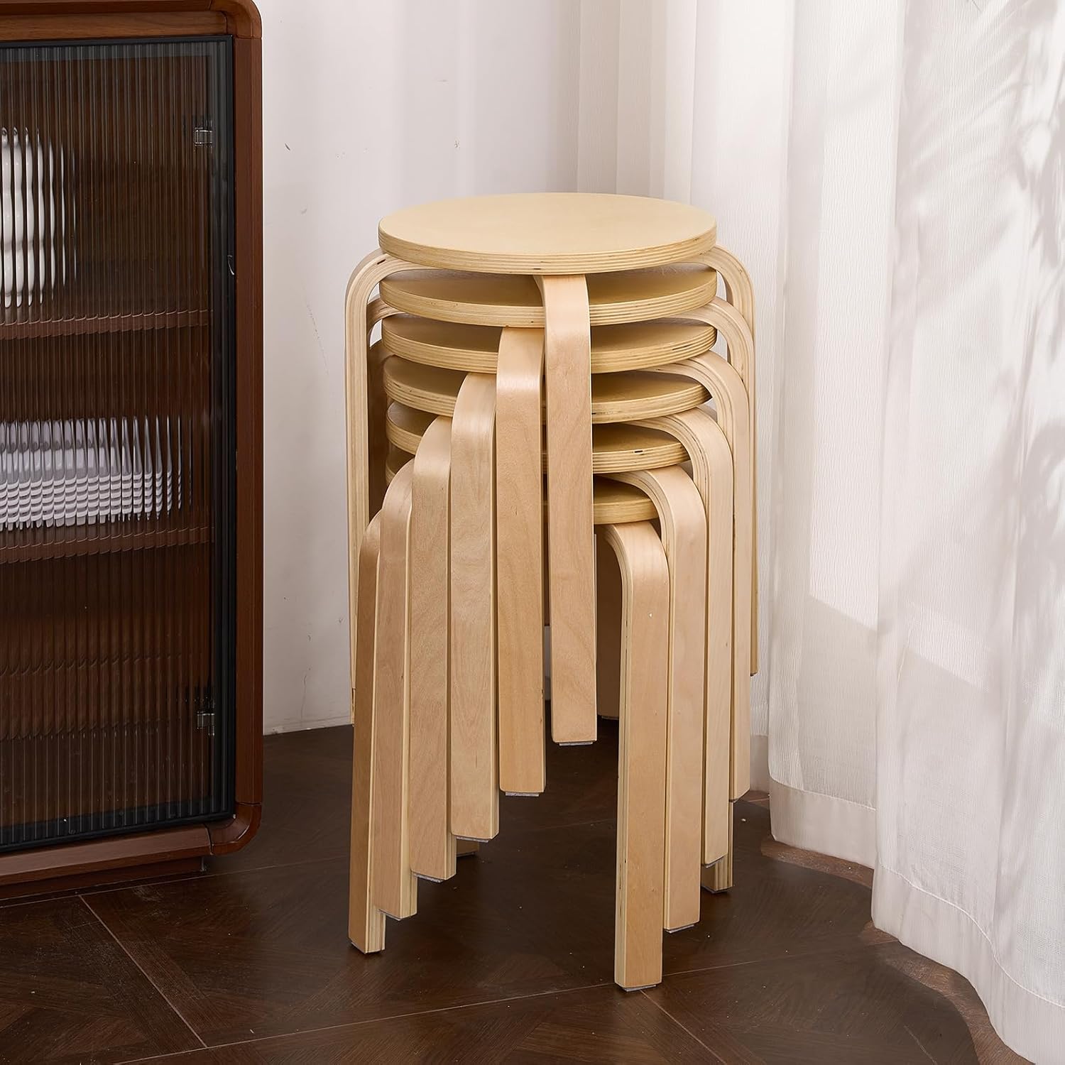 Stackable Bentwood Stool Set of 6，18" Round Stacking Backless Nesting Stools，Anti-Slip Felt Pad,Portable School Stool，Suitable for classrooms, Dining Rooms, Kitchens，Birch