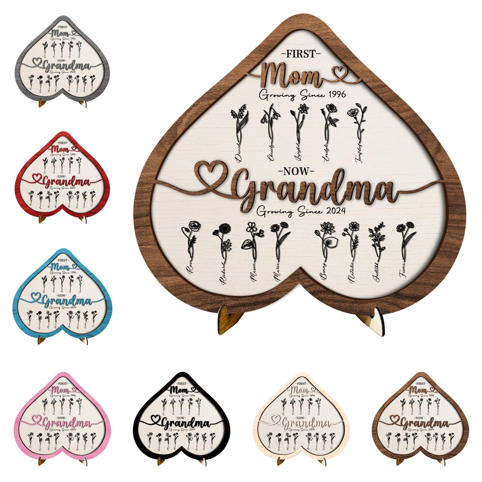 Personalized Mother's Day Heart Plaque with Child's Names Fist Mom Now Grandma Birth Month Flower Sign 3D Grandma Wooden Sign Grandma's Garden Birth Flower Sign Home Decor Gift of Promoted to Grandma
