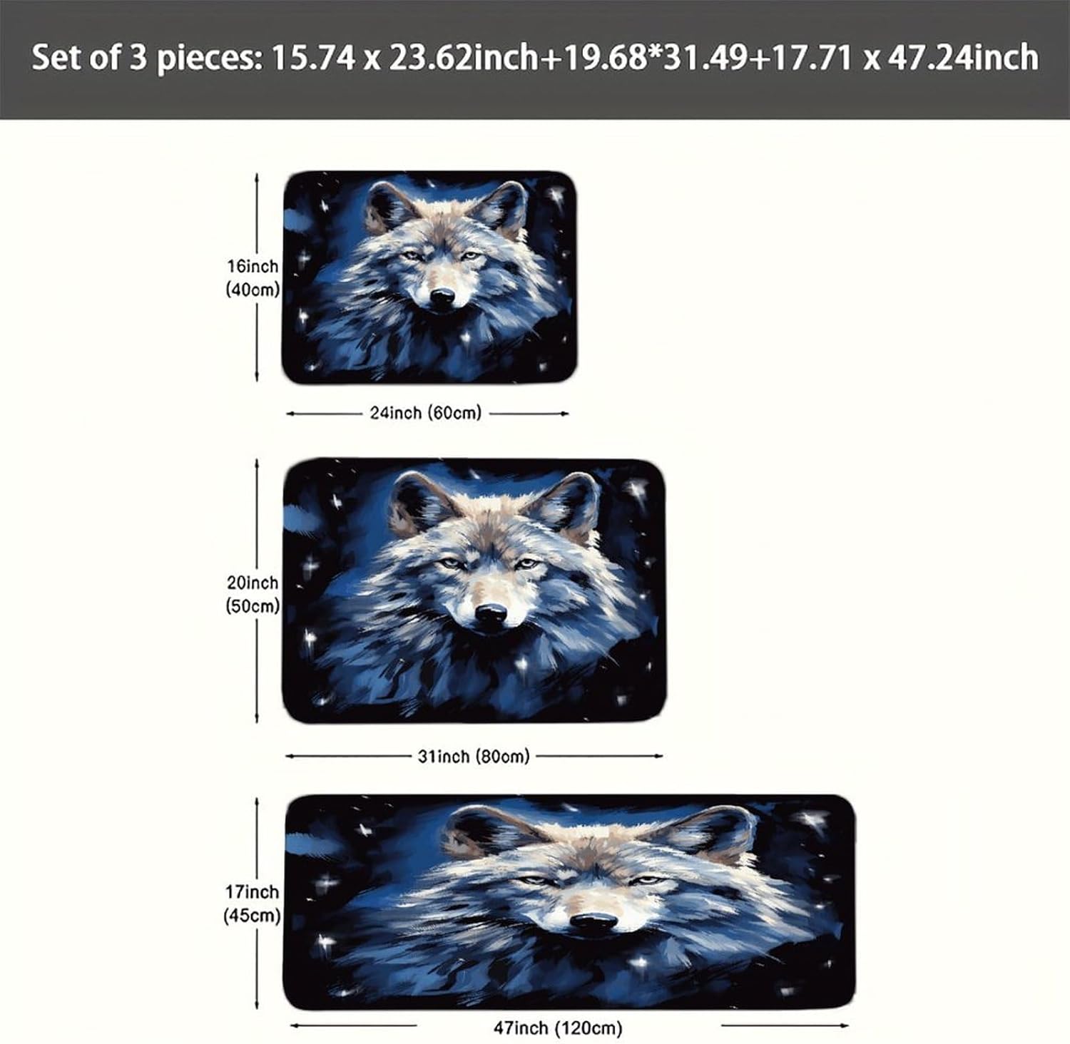 Wolf Head on Blue Background Kitchen Mats Soft Absorbent Rugs for Floor Non Slip Washable Kitchen Mats Fashion Rectangular Rugs for Three-Piece Set for Laundry Office Home Sink