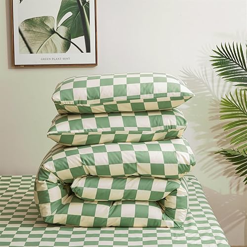 Miniatura 7 de KAREVER Juego de edredón de cuadrícula verde y blanco, tamaño King, juego de ropa de cama a cuadros verde salvia para mujer, color verde claro y