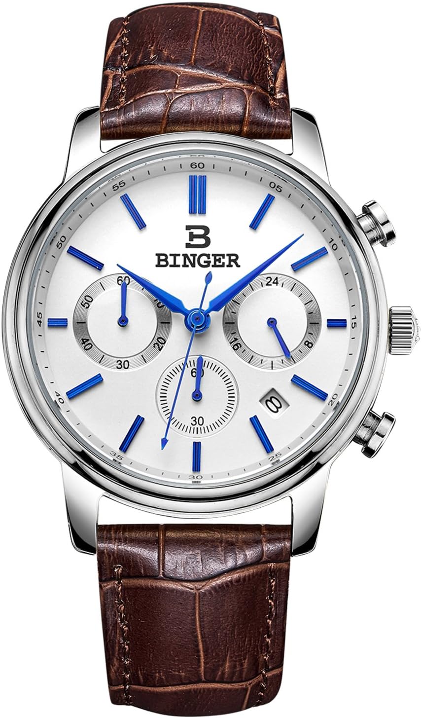 CADISEN Mens Luxury Business Chronograph Waterproof Wrist Watch with Leather Band