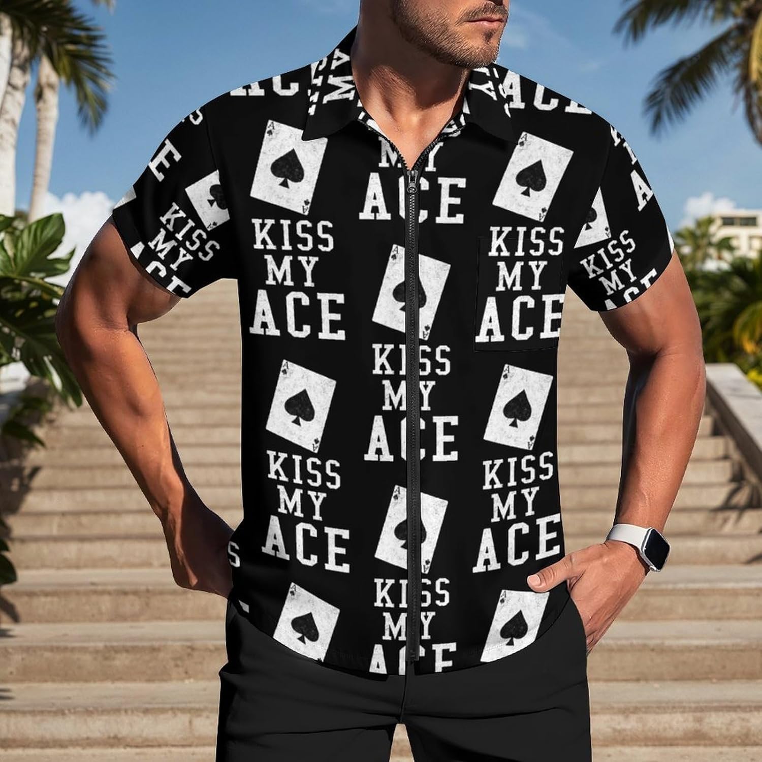 Kiss My Aces Poker Casino Men's Short Sleeve Shirt Zip-Up Golf Polo Shirts with Pocket