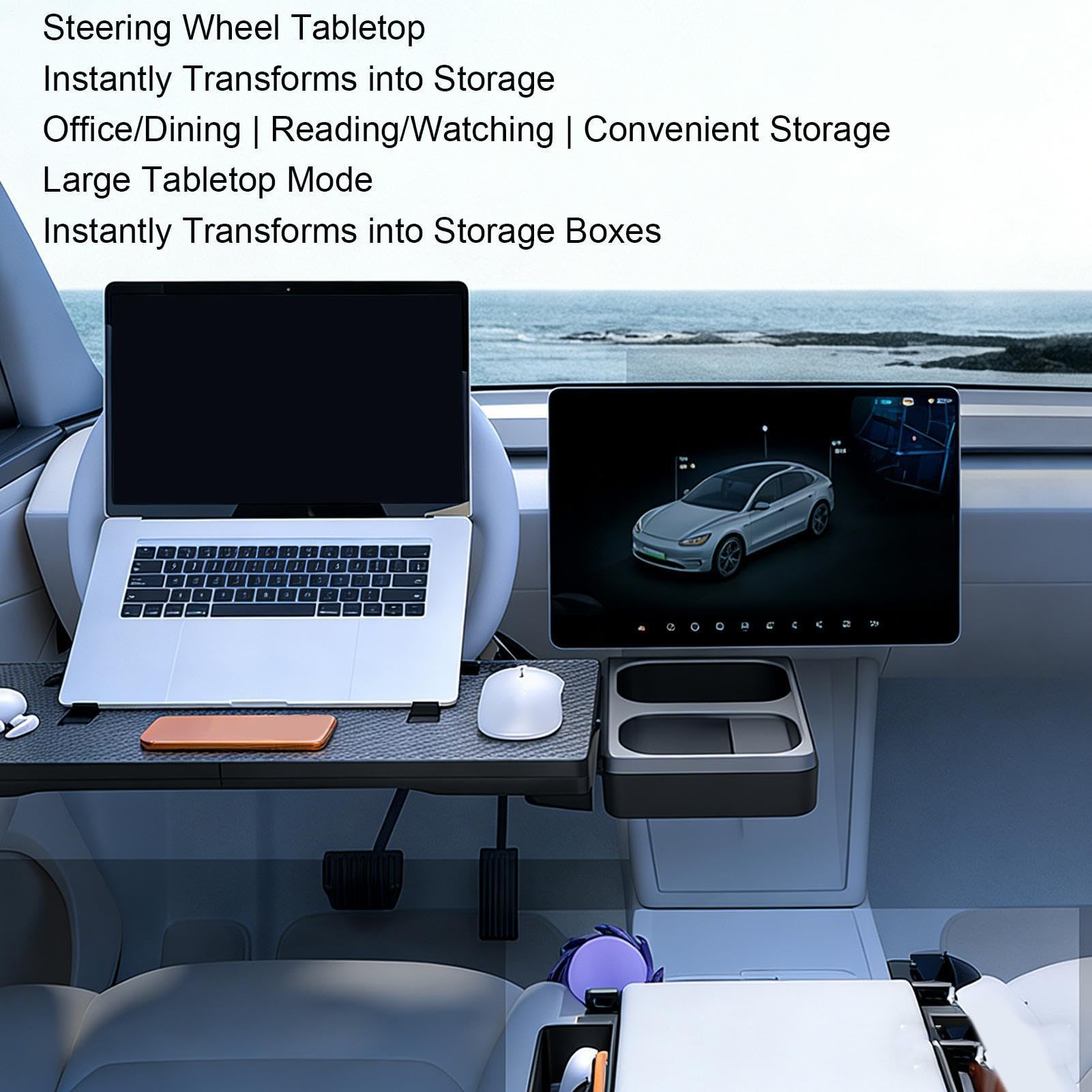 Mesa para Volante de Coche Escritorio de Almacenamiento con Fijación | Soporte para Ordenador en Volante para Comida, Bebida, Teléfono, Tablet, Trabajar, Ver