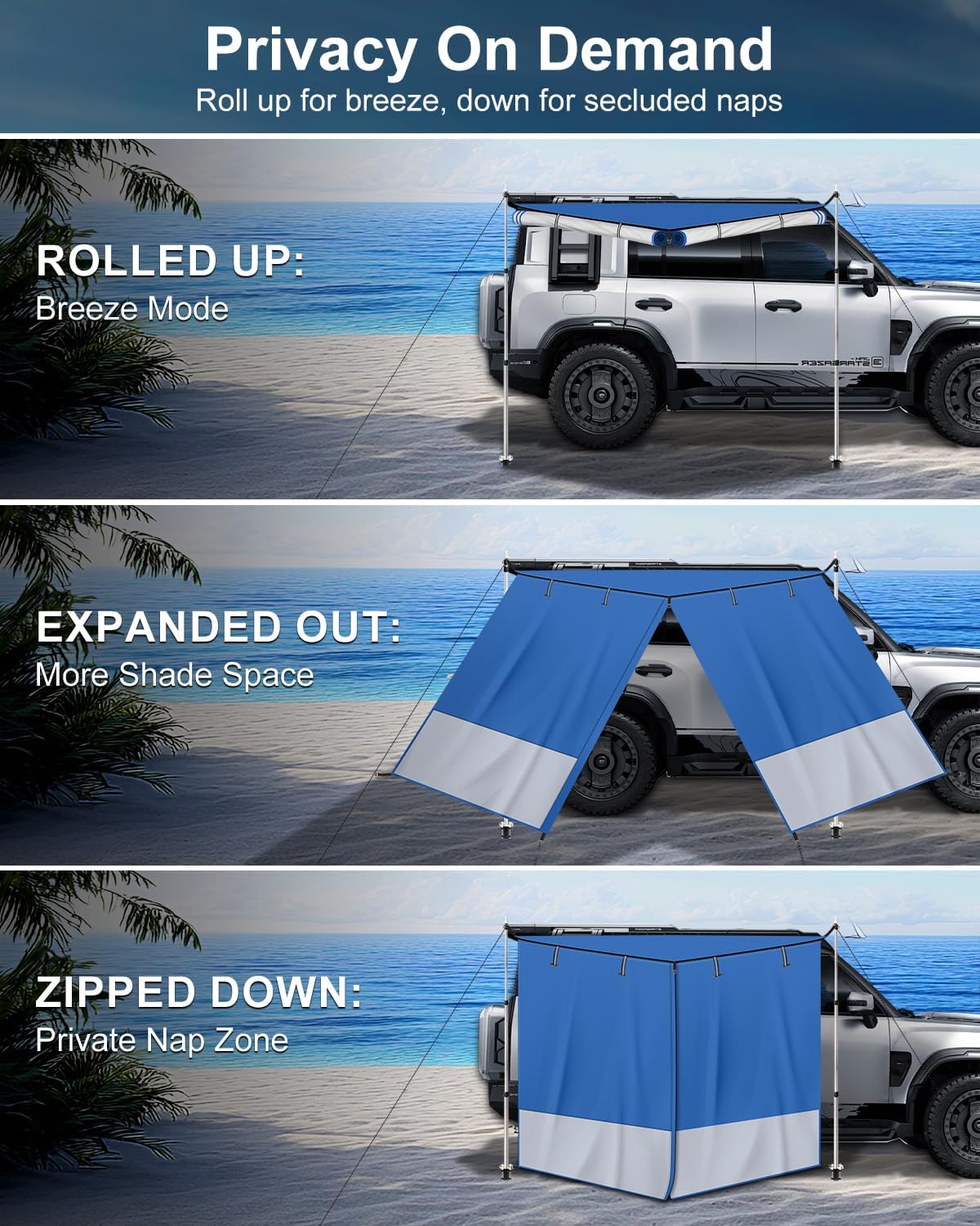 Portable Car Awning for SUV/Truck RV, Shade Waterproof Roof Rack Awning with Side Wall, Heavy Duty Magnets, Suction Cups & Reinforced Poles for Overland, Camping, Beach, Tailgating (Blue)