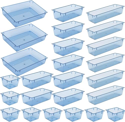 Paquete de 25 organizadores de cajones de escritorio, cajones de tocador y escritorio, bandejas organizadoras de cajones de plástico transparente