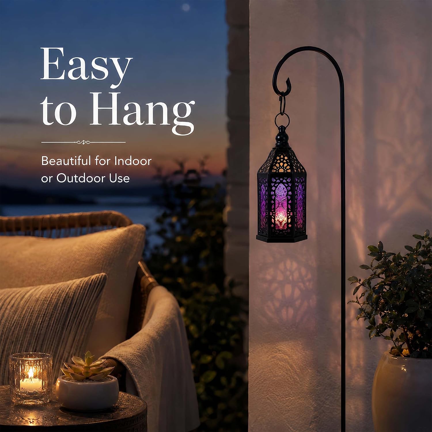 Moroccan Candle Lantern, 7 Inch Black Metal Lantern with Purple Glass