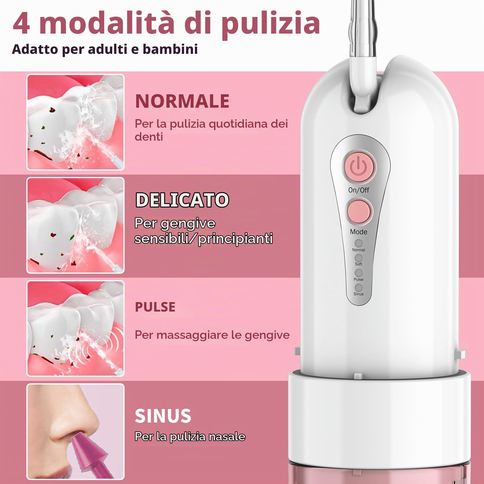 Idropulsore Dentale Portatile Rosa Senza Fili, Irrigatore Orale Ricaricabile con Custodia da Viaggio, 4 Modalità & 5 Beccucci, Spruzzino Elettrico per Denti IPX7 Impermeabile per Casa e Viaggio
