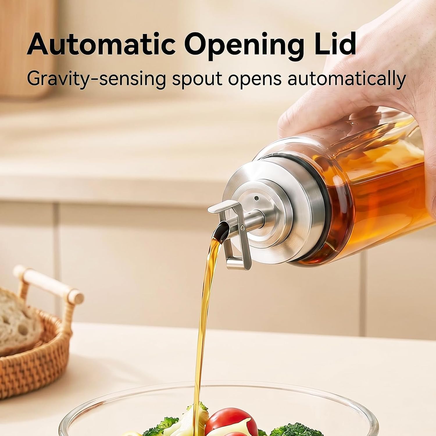 Glass Olive Oil Dispenser Bottle with Auto-Opening Lid, 17 Oz