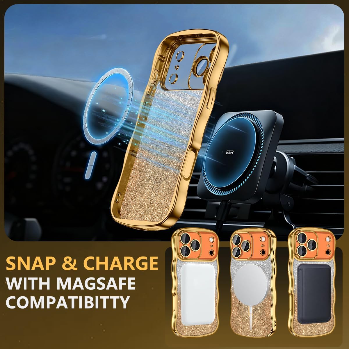 Meshine for iPhone 18 Pro Max Case,[Compatible with MagSafe][Built-in Camera Lens],Magnetic Curly Wavy Frame Shockproof Cute for Women Girls Cover for iPhone 18 Pro Max 6.9 Inch,Glitter Gold image 3
