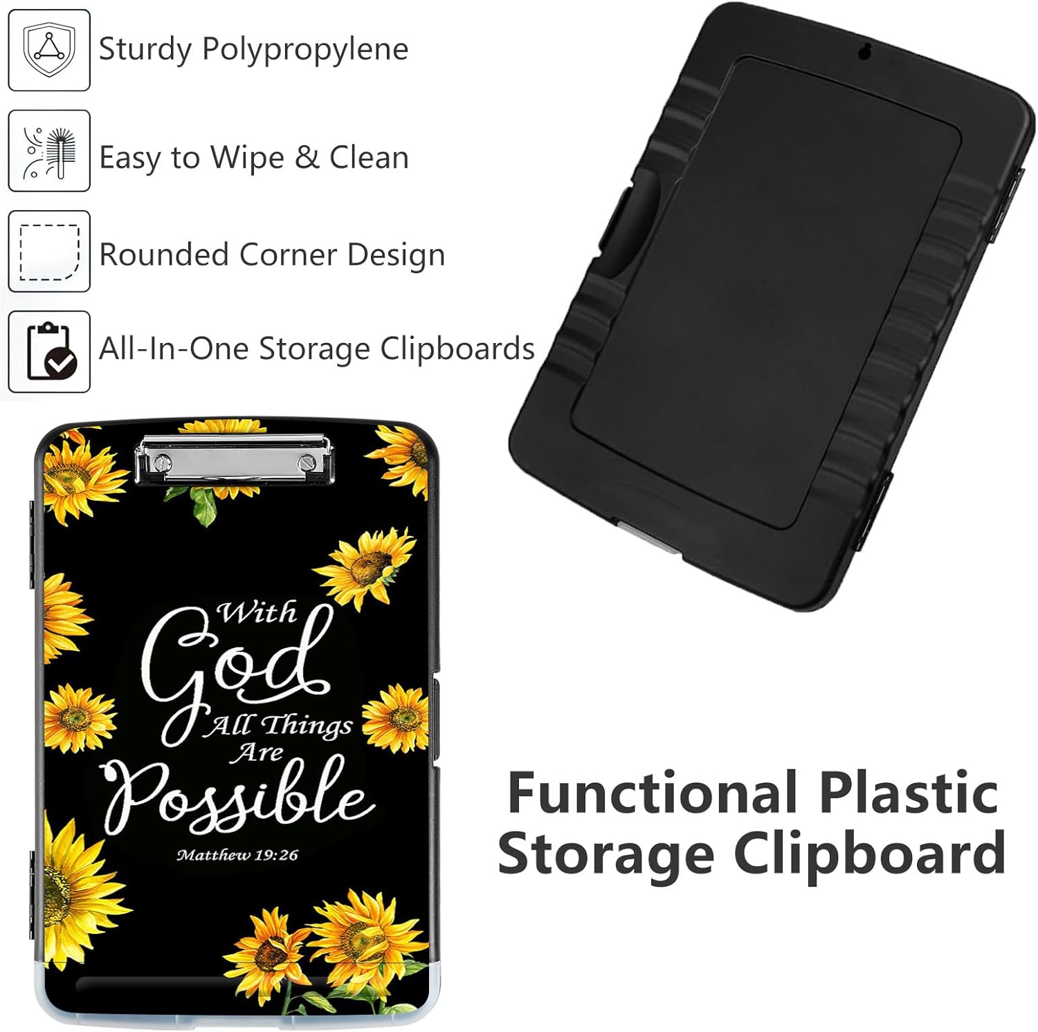 Clipboard with Storage,A4 Storage Clipboard,High Capacity Clipboards,Clipboard Storage with Clip and Pen Holder,Coaches Clipboard Folder Case-Sunflower Matthew 19:26