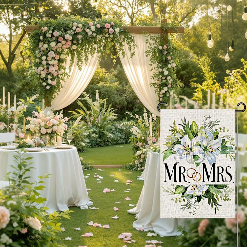Mr. & Mrs Just Married Wedding Garden Flags for Outside 12x18 Inch Double Sided Burlap, Floral Marriage Welcome Romantic Small Flag Farmhouse Yard Lawn Outdoor Decoration DF947 - Image 2