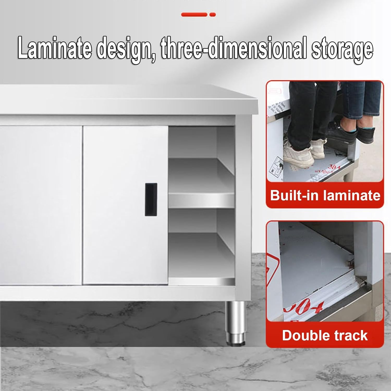 Double Pass Workbench Kitchen Sliding Door Storage Cabinet Preparation Table Home Commercial Multifunctional Metal Table Sturdy Stainless Steel Workbench(80x50x80cm)