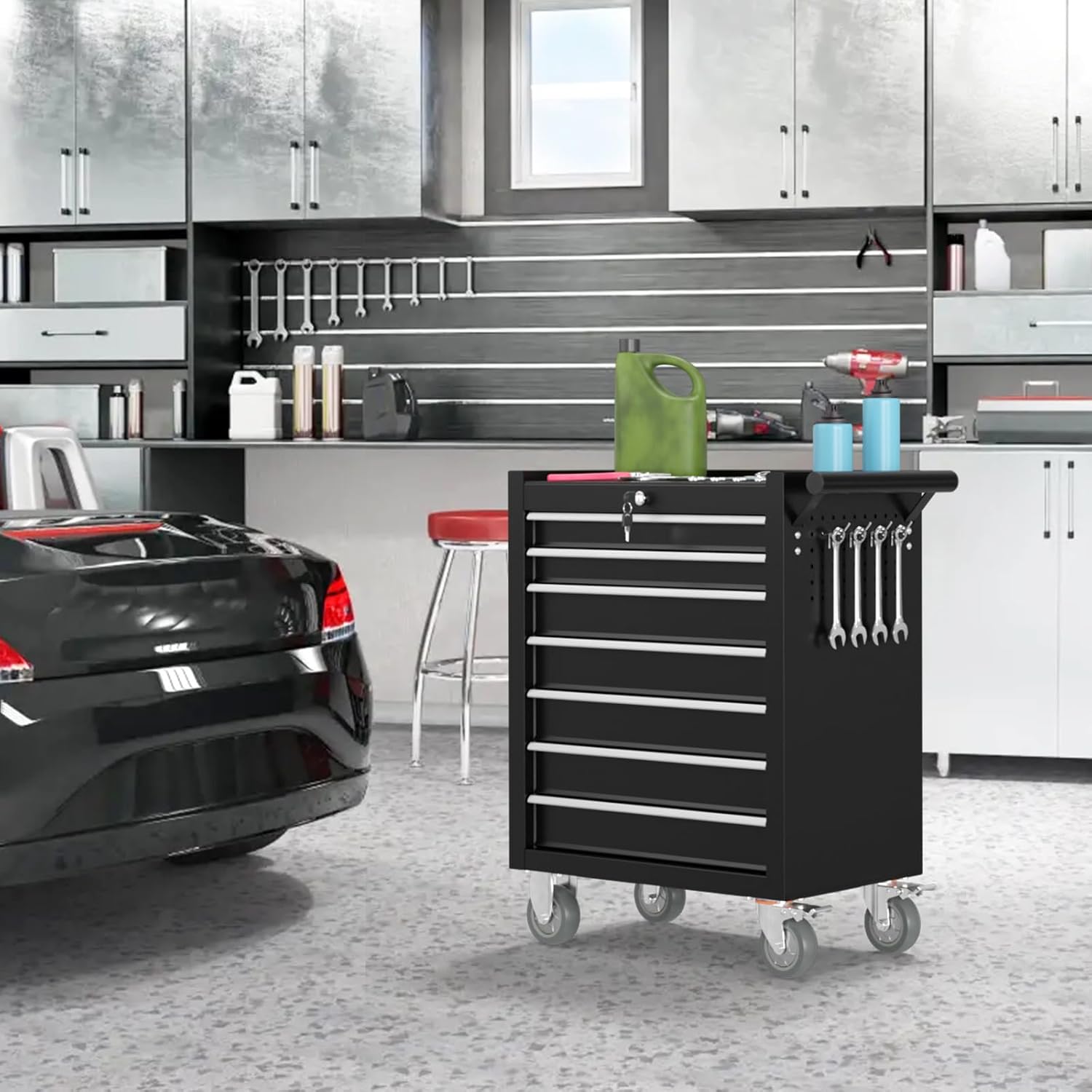 7 Drawers Metal Rolling Tool Chest, Portable Storage Tool Box with Wheels, Toolbox on Wheels for Warehouse, Garage, Repair Shop and Tool Room