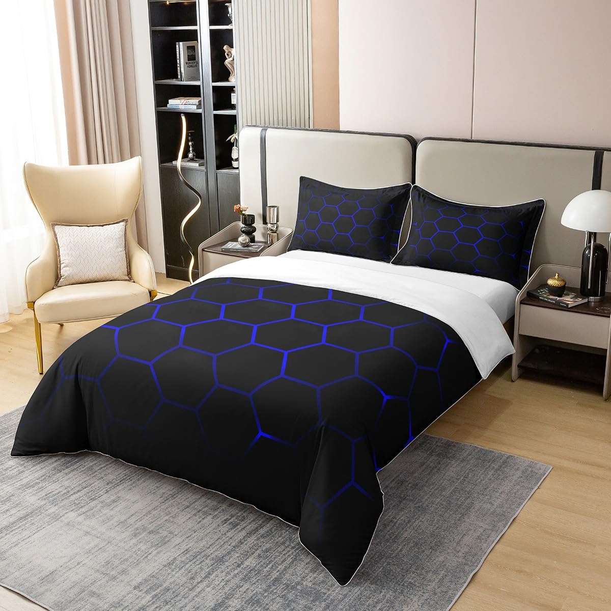 Loussiesd Honeycomb 100% Cotton Duvet Cover Double Size Modern Hexagon Theme Bedding Cotton Duvet Cover Set for Bedroom Geometrical Beehive Black Blue Bedding Set - Image 2