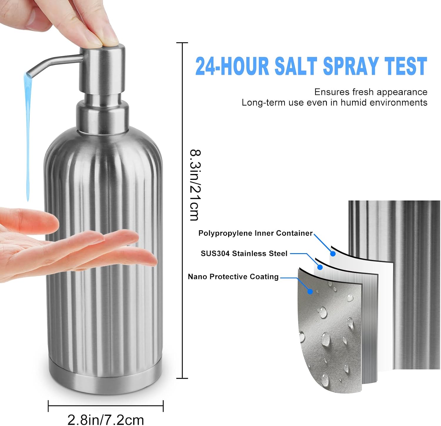 AUMIO Soap Dispenser 18 Oz with Non-Slip Coaster, Stripe Design Dish Soap Dispenser Brushed Nickel, Refillable Liquid Hand Soap Dispenser for Bathroom, Kitchen Soap Dispenser Premium Stainless Steel