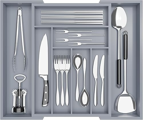 Organizador de cajones de utensilios para cajón de cocina, bandeja de cubiertos ajustable, tamaño perfecto para utensilios de cocina y cuchillos, 8