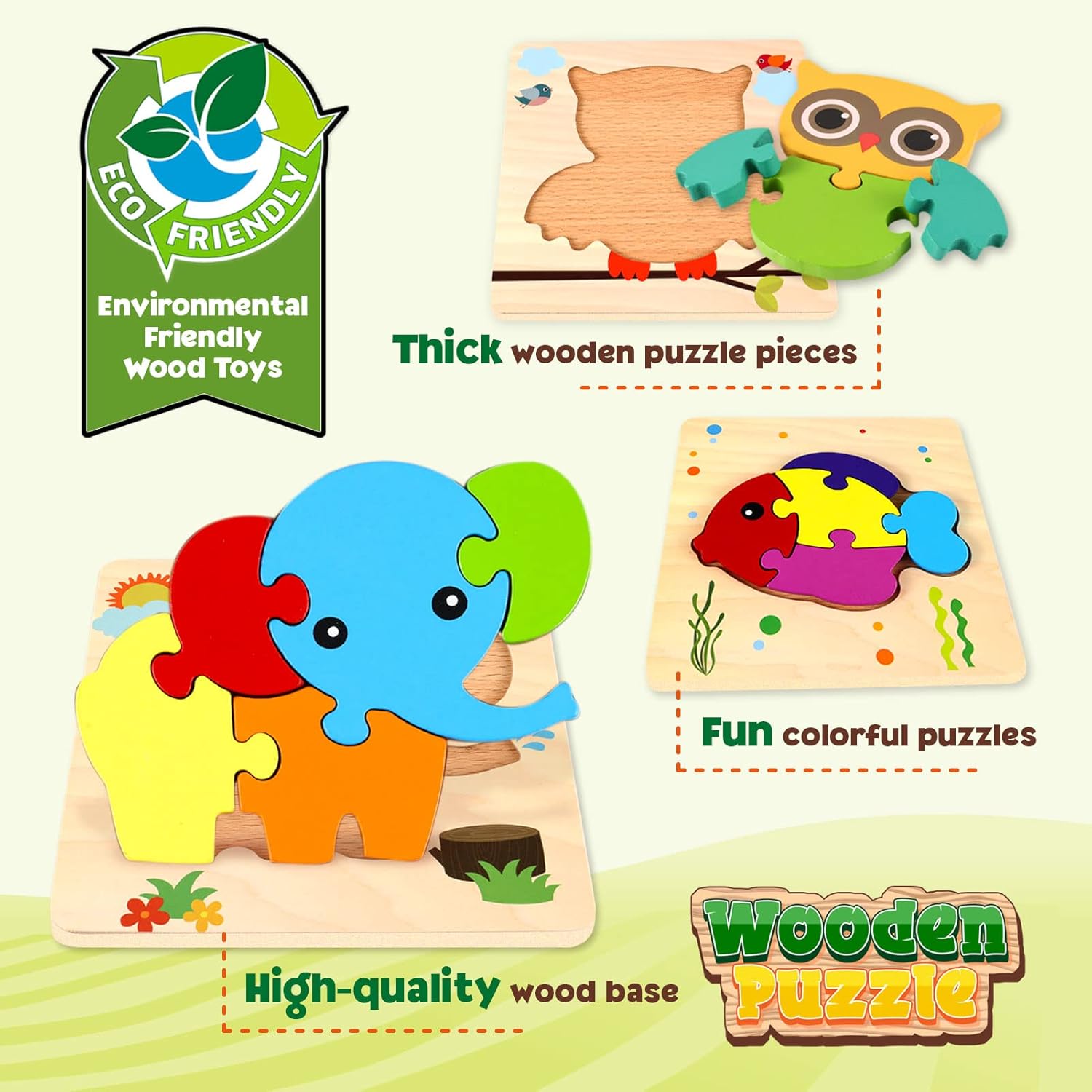 Wooden Jigsaw Puzzles - Educational Wooden Puzzles in Animal Design Shapes with Vibrant Colors, Set of 5 Brain Teaser Puzzles for Boys and Girls with Drawstring Storage Bag : Toys & Games