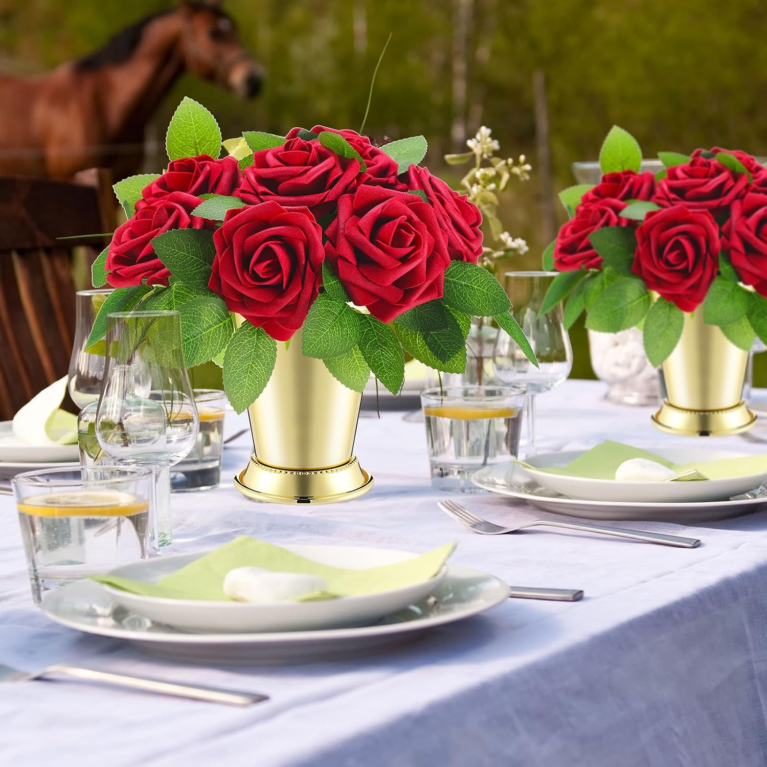 Zhehao 52 Pcs Mint Julep Cups with Artificial Roses 12oz Stainless Steel Cocktail Glasses Beaded Trim Border Derby Cups for Table Centerpiece Horse Racing Derby Party Decoration (Gold)