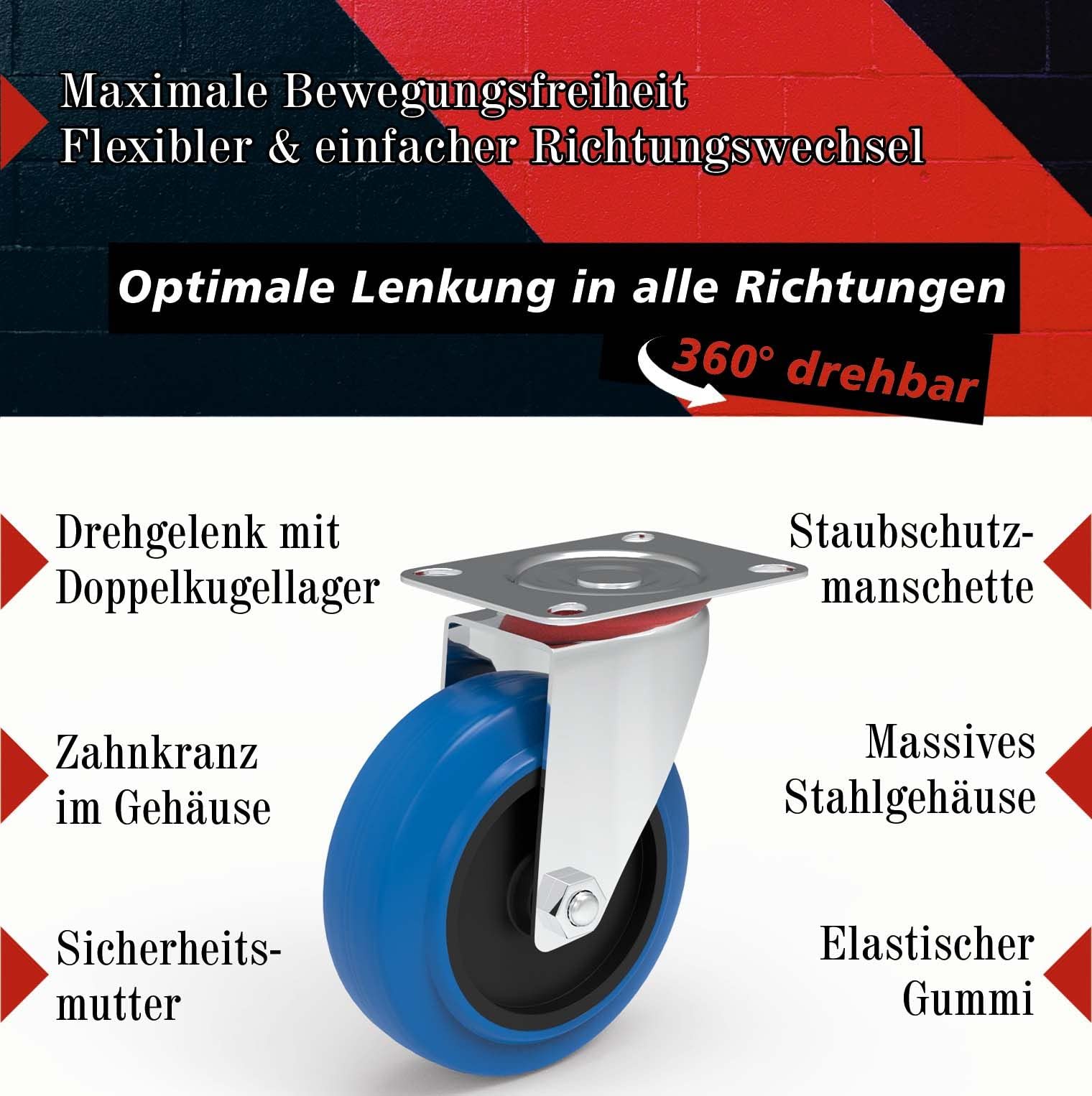 4er-Rollensatz Lenkrollen Ø 100 Mm – Vollgummi Schwarz, Leise, Bodenschonend, Traglast 75 Kg/Stück – Mit Anschraubplatte