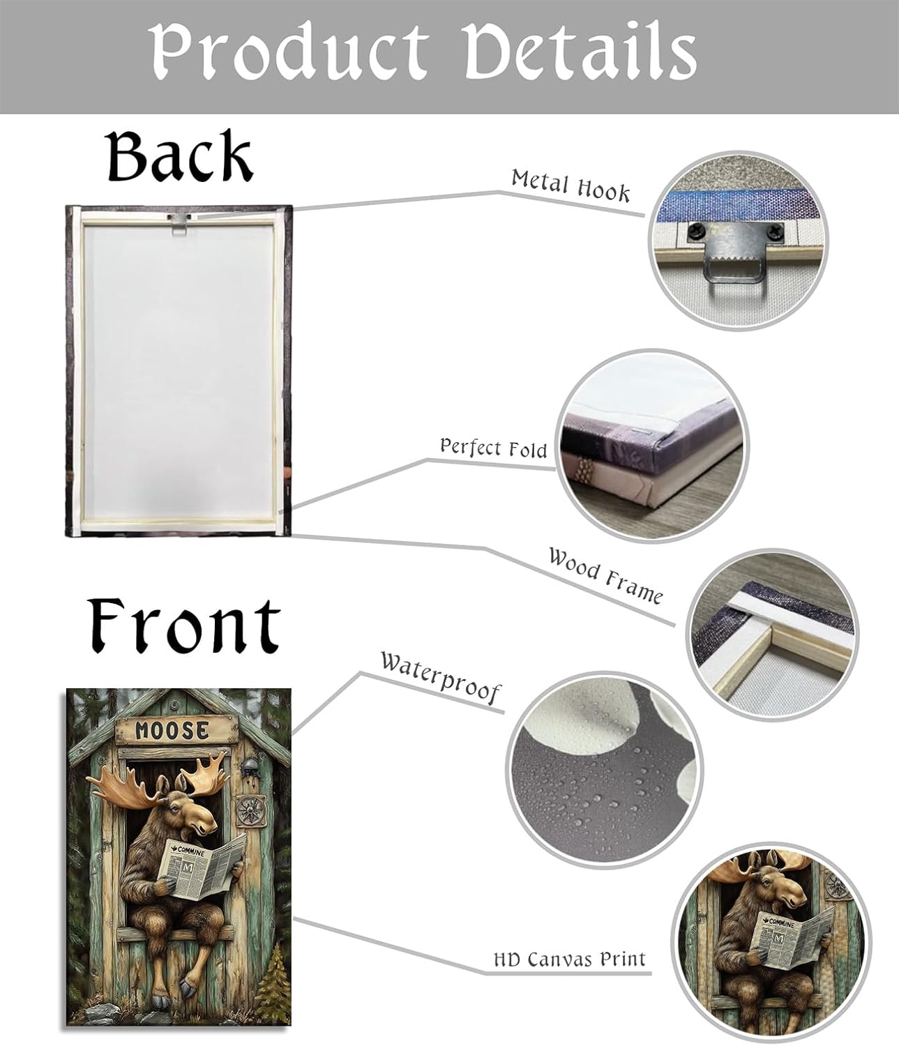 Bathroom Canvas Wall Art Moose Decor Rustic Moose in Outhouse Toilet Read a Newspaper Picture Prints Forest Wildlife Painting Farmhouse Cabin Bathroom Decor Framed(Art-5,16.00x24.00 inch)