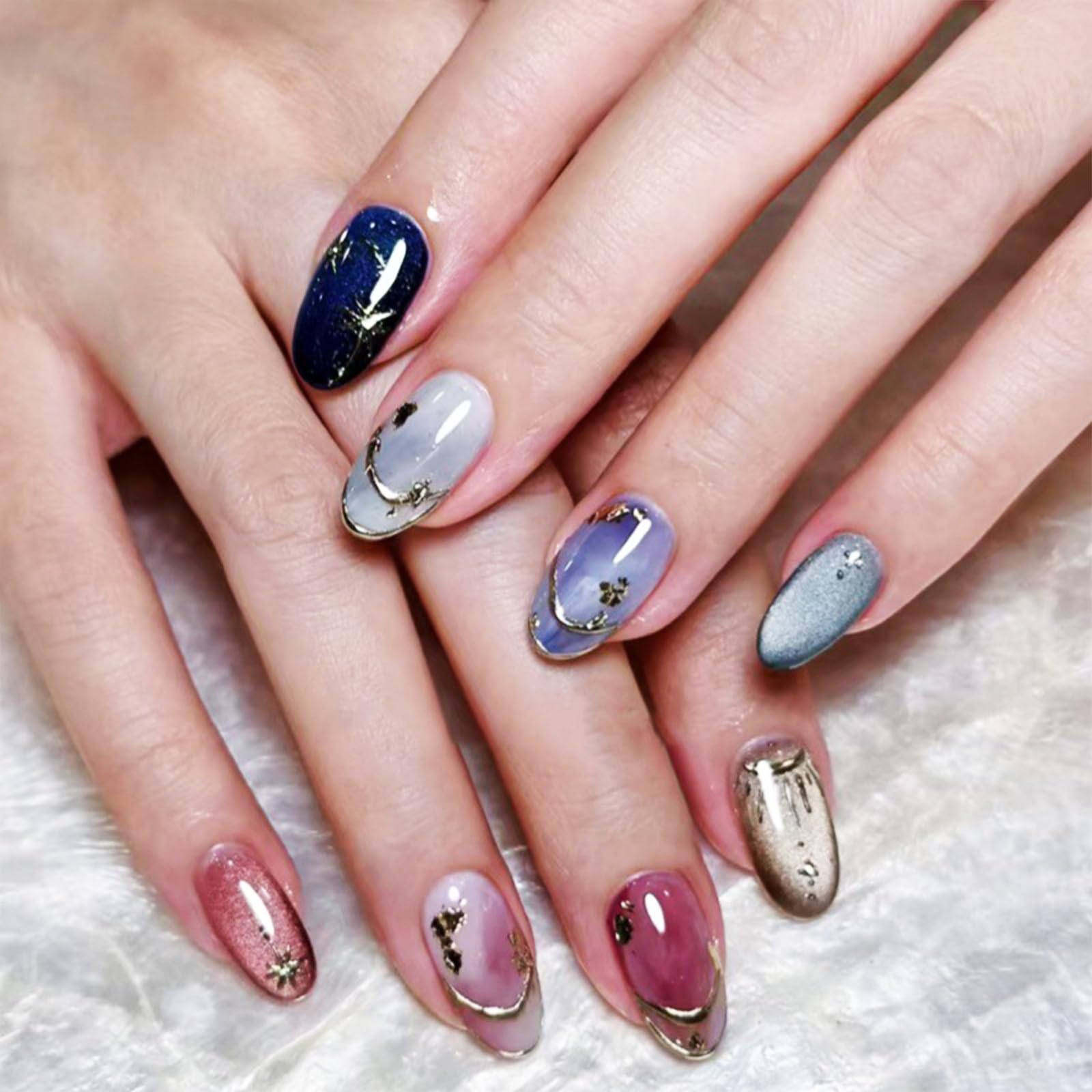 24Pcs 3D Stars Press on Nails Sun Gel Glue on Fingernails Gold Curve Line Medium Almond Fake Nails Glossy Colorful Cat Eye Stick on Nail Acrylic Full