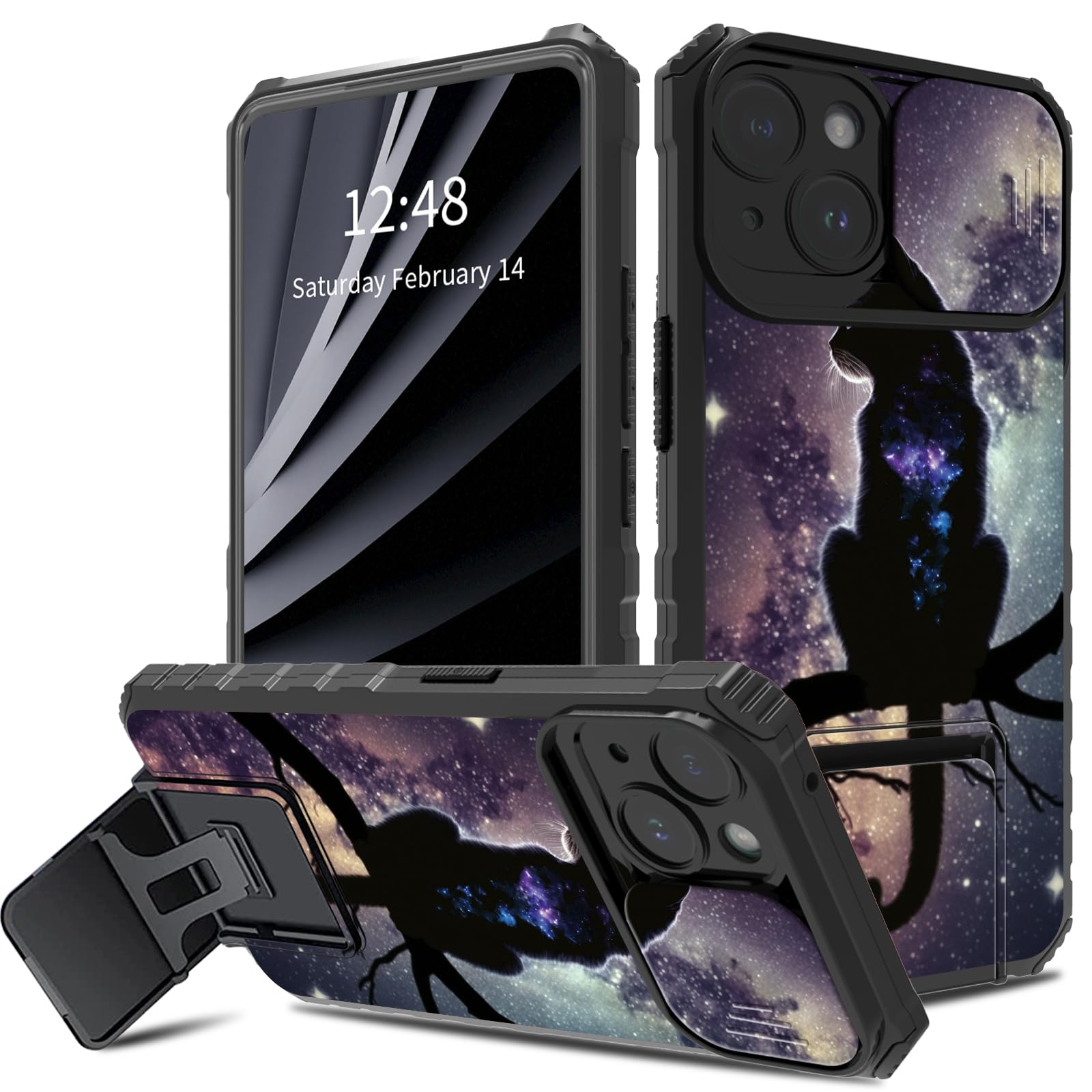 BWEGRHE Cat Nebula Design for iPhone 14 Phone Case with Slide Camera Cover, Dual Layer Shockproof TPU Bumper Men Women Case with Folding Kickstand (2