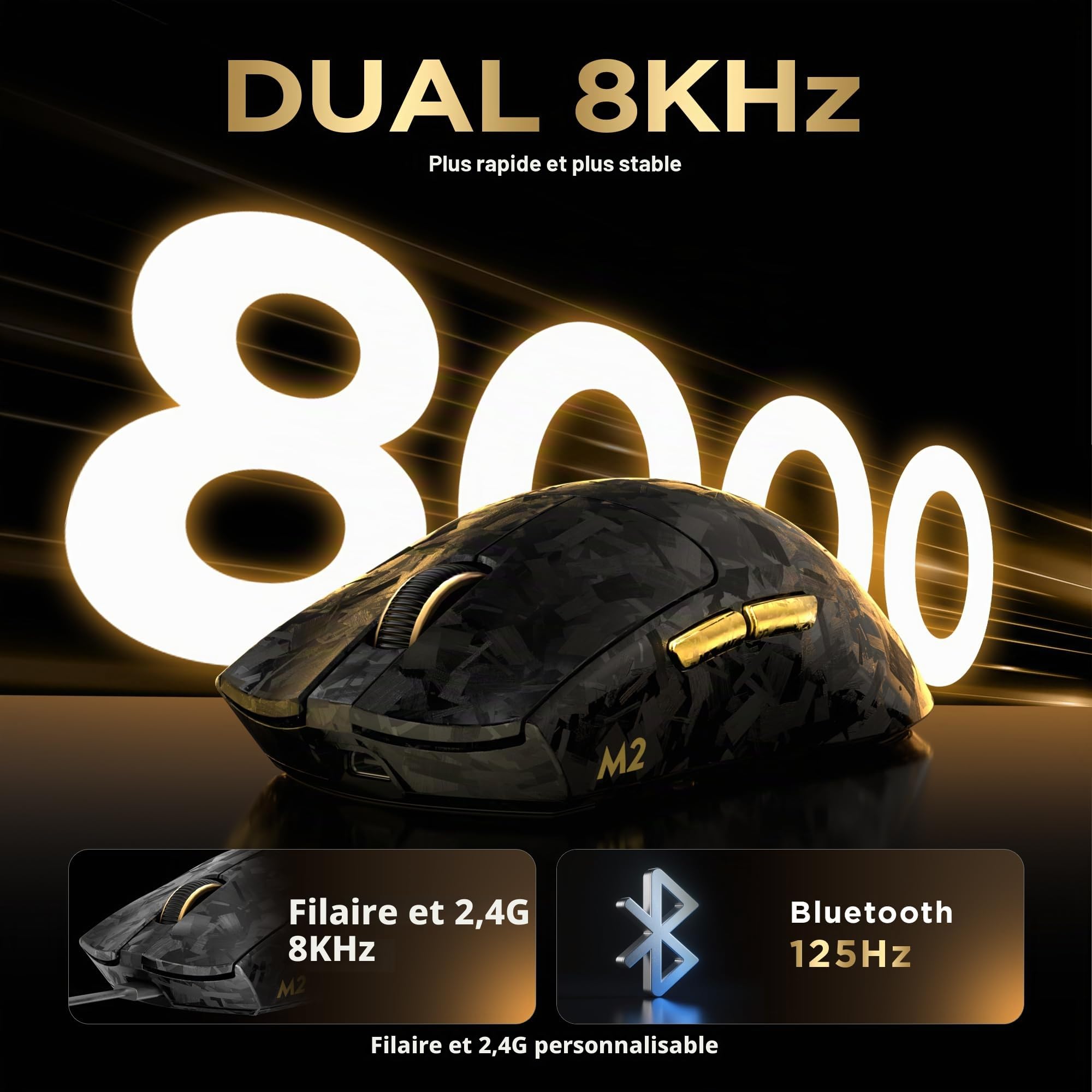 YUNZII M2 Souris Gamer sans Fil Dual 8K PAW3395, DPI 6 Niveaux (Noir)