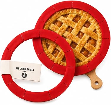 CARGEN Adjustable Silicone Pie Crust Shield Edge Protector 2 Pcs Red | Prevents pie crust edges from burning or over-browning. Dishwasher-safe protector adjusts to fit 8-11 inch pans