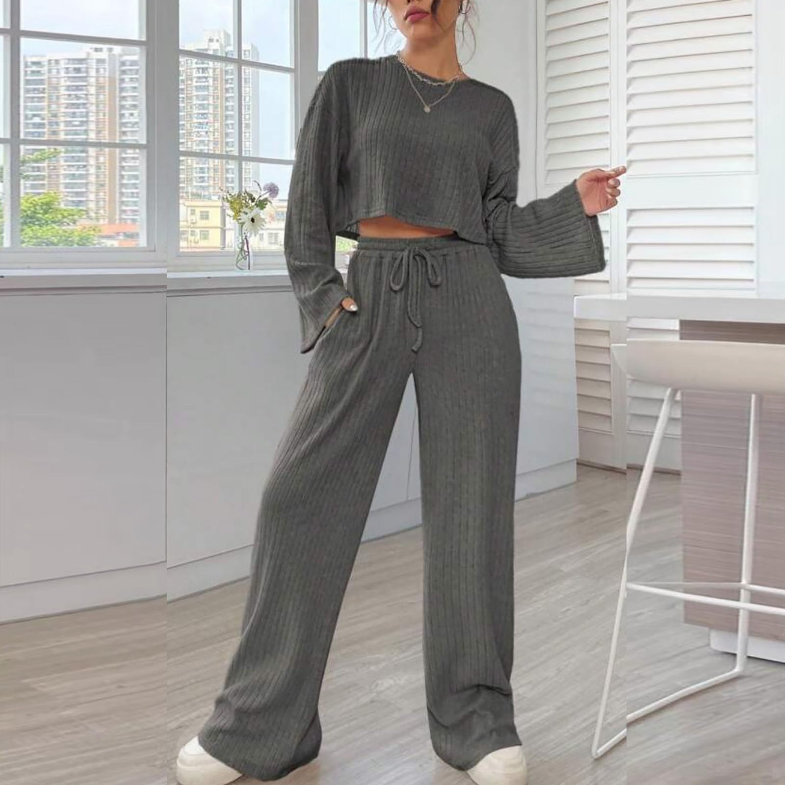 Pantaloni da jogging da donna a coste, con top cropped + gamba larga, pantaloni da jogging a vita alta, felpa a maniche lunghe, tinta unita, per il tempo libero Hip Hop Streetwear