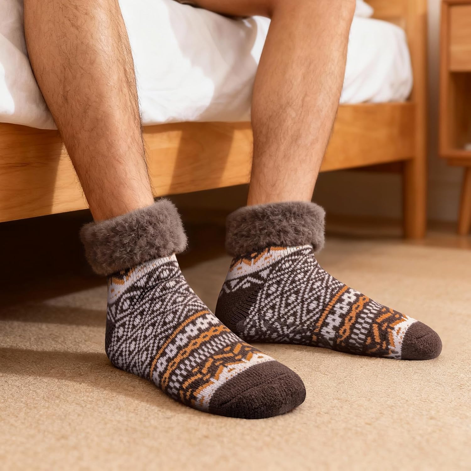 YUEDGE Mens Non Slip Fuzzy Fluffy Slipper Socks Non Skid Cozy Ankle Plush Fleece Thermal Warm Socks for Men 6-13, 2 Pairs - Image 2