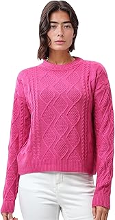 بلوفر منسوج بحاشية مضلعة للنساء من ريفين - لون فوشيا