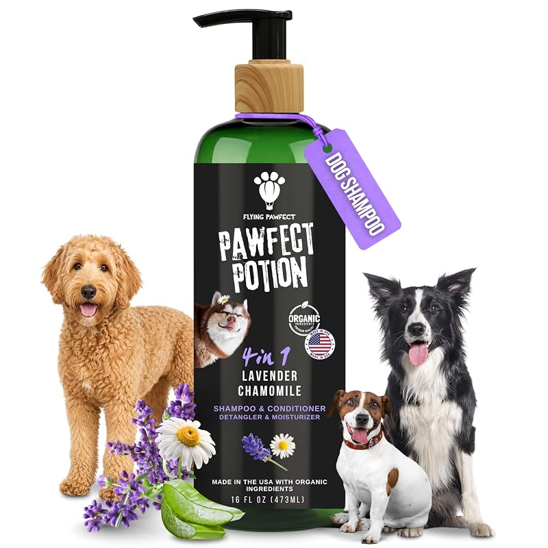 Shampoo para Cães 4 em 1 com Lavanda, Camomila, Aloe Vera e Óleo de Coco Flying Pawfect 480 mL
