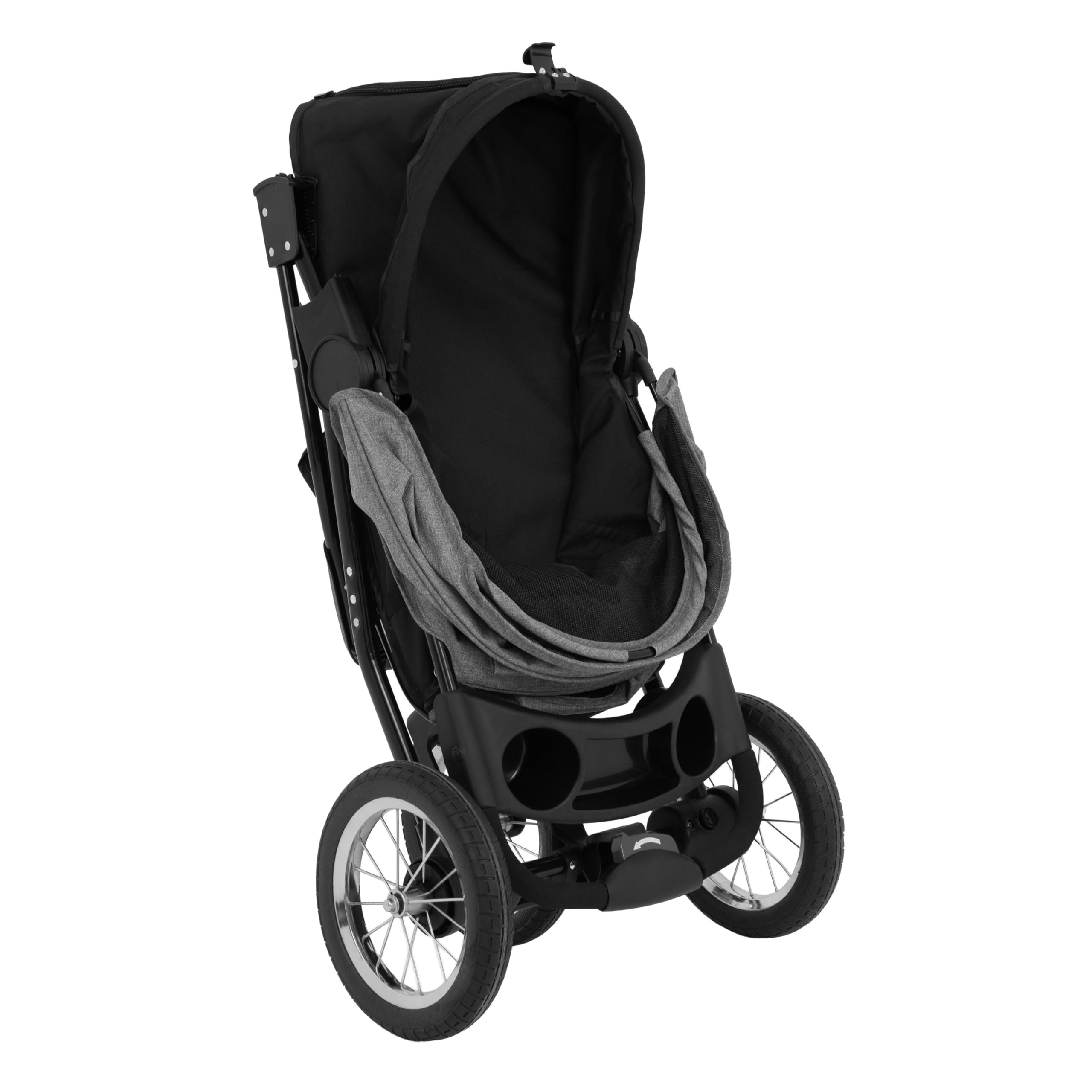 Faltbarer 3 Rad Buggy für Haustiere | Grau | Reise Jogger kleine bis mittelgroße Hunde Katzen bis 22kg | 3 schlauchlose Räder Netzbelüftung Korb Getränkehalter Caddy-Tasche Regenschutz